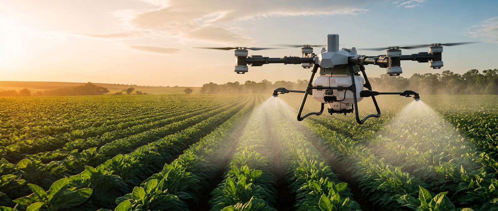 Drone agrícola pulverizando uma lavoura