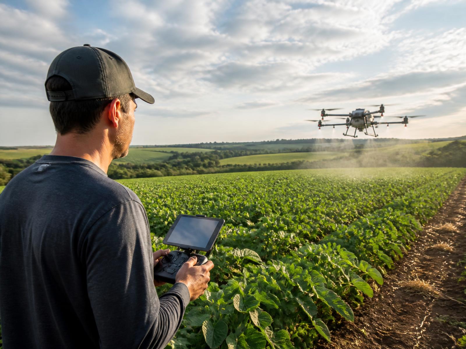 Operador acompanhando drone agrícola durante a aplicação