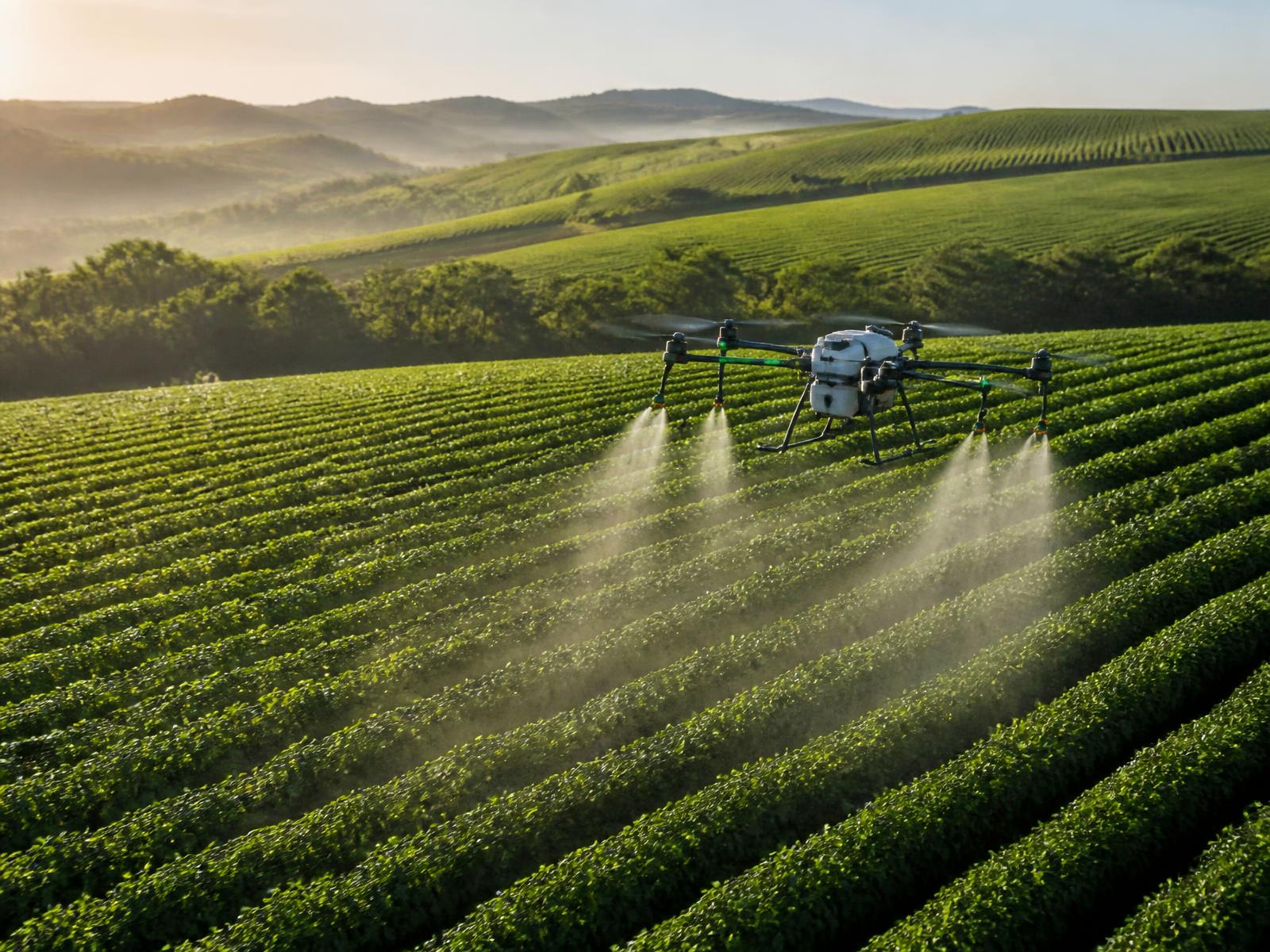 Drone realizando aplicação de precisão em linhas de cultivo