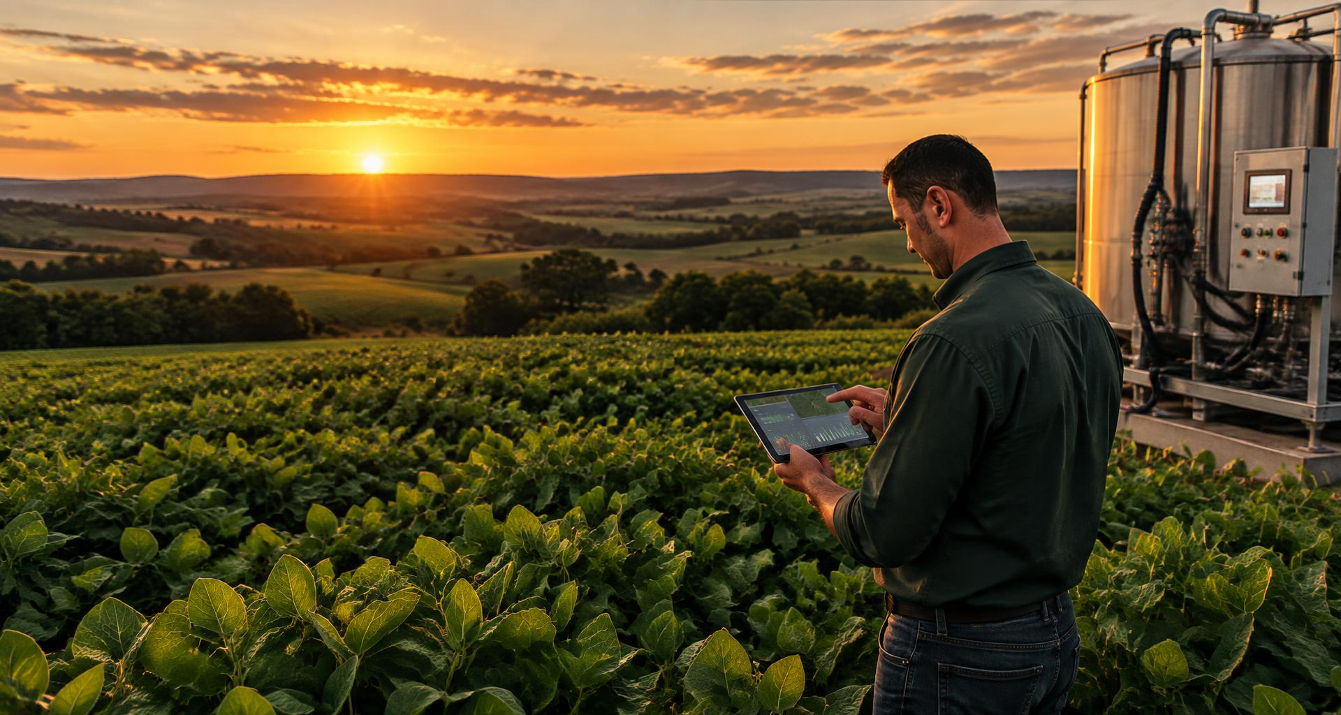 Agrônomo utilizando um tablet no campo, próximo a equipamentos agrícolas